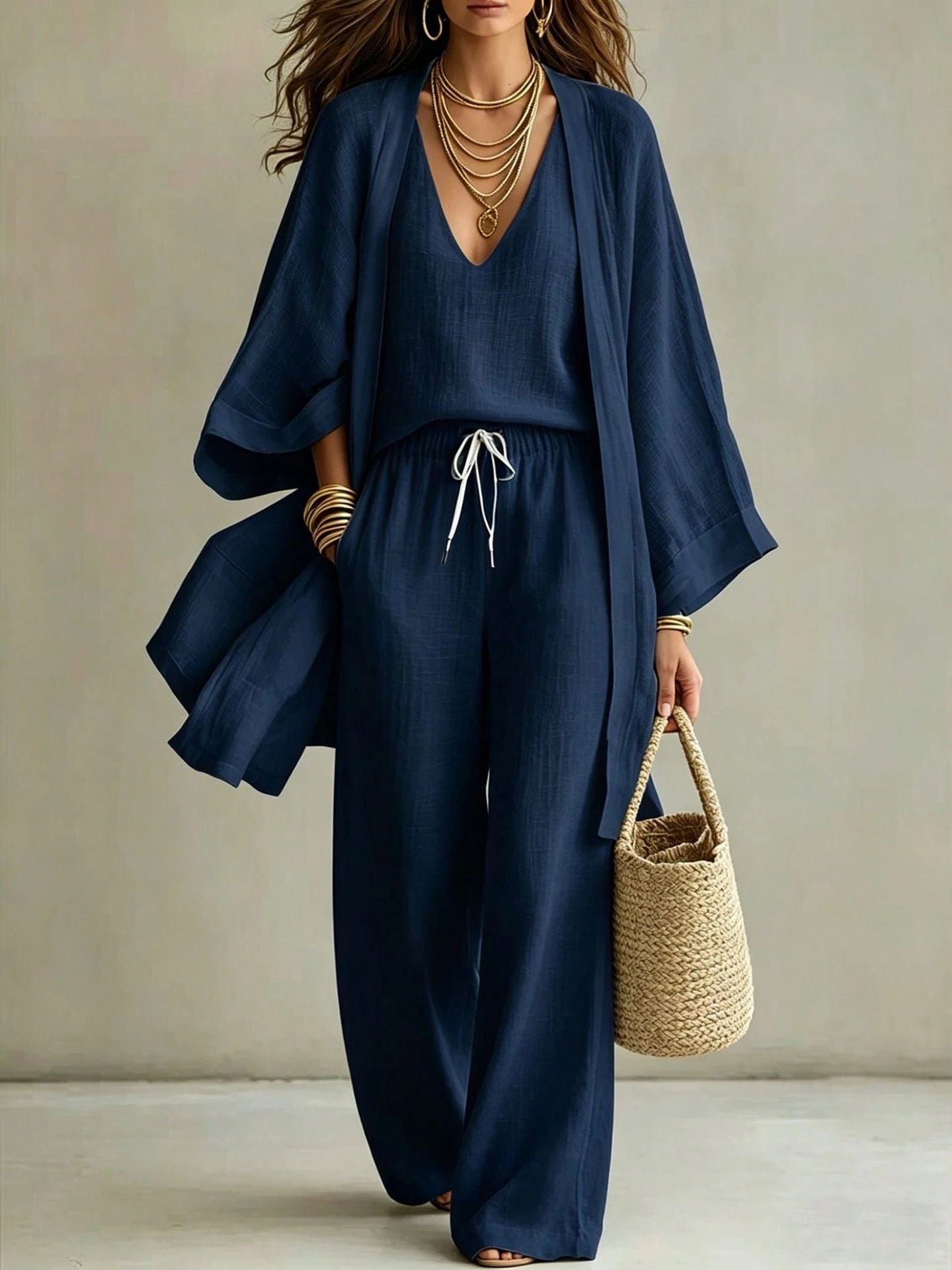 Women's 3 Piece Set V Neck Cami, Open Front Kimono And Drawstring Wide Leg Pants Casual Outfit Collection