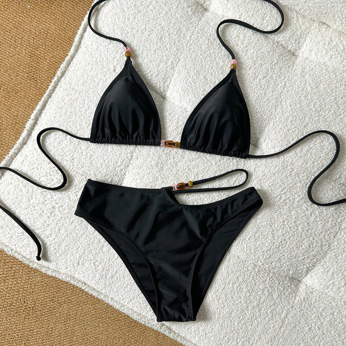 Women's Amber Beaded Halter Bikini, Side Cutout Bottom, Minimalist Niche Style Vacation 2 Pieces Swimsuit Black