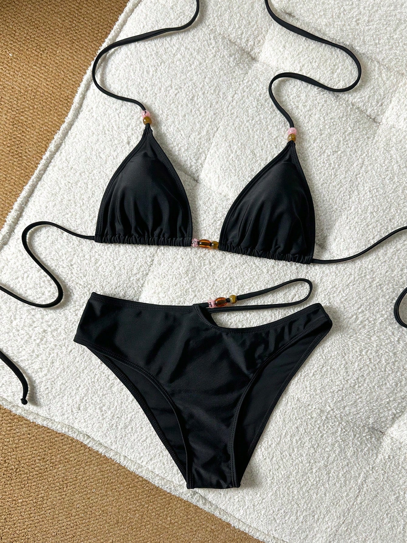 Women's Amber Beaded Halter Bikini, Side Cutout Bottom, Minimalist Niche Style Vacation 2 Pieces Swimsuit Black