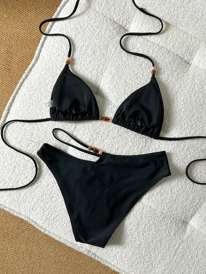 Women's Amber Beaded Halter Bikini, Side Cutout Bottom, Minimalist Niche Style Vacation 2 Pieces Swimsuit Black