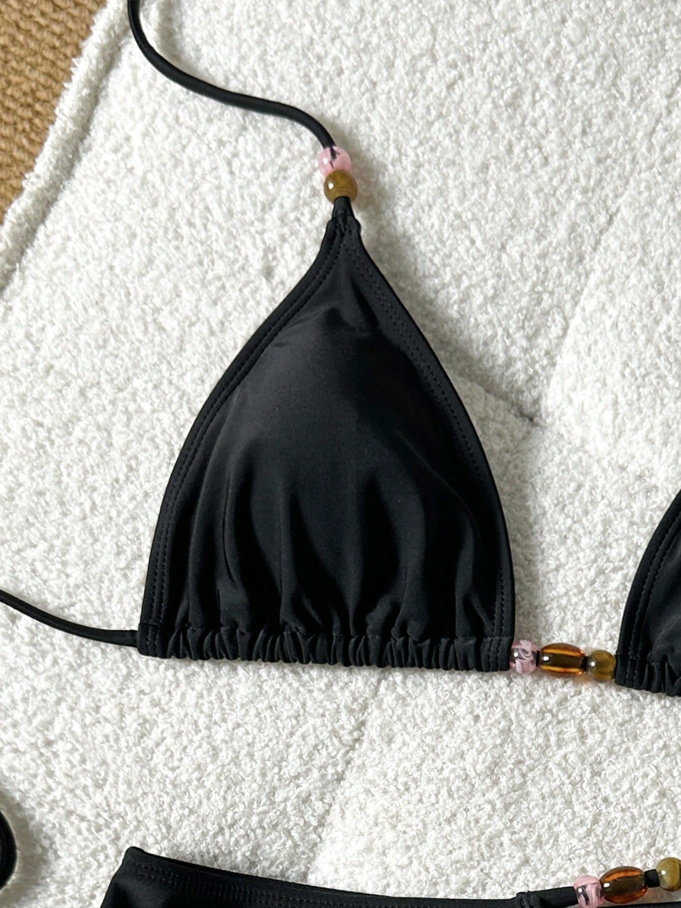 Women's Amber Beaded Halter Bikini, Side Cutout Bottom, Minimalist Niche Style Vacation 2 Pieces Swimsuit Black