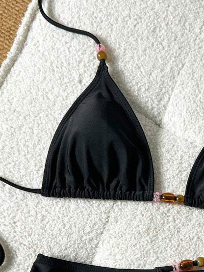 Women's Amber Beaded Halter Bikini, Side Cutout Bottom, Minimalist Niche Style Vacation 2 Pieces Swimsuit Black
