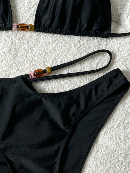 Women's Amber Beaded Halter Bikini, Side Cutout Bottom, Minimalist Niche Style Vacation 2 Pieces Swimsuit Black