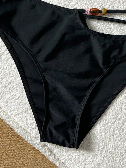 Women's Amber Beaded Halter Bikini, Side Cutout Bottom, Minimalist Niche Style Vacation 2 Pieces Swimsuit Black