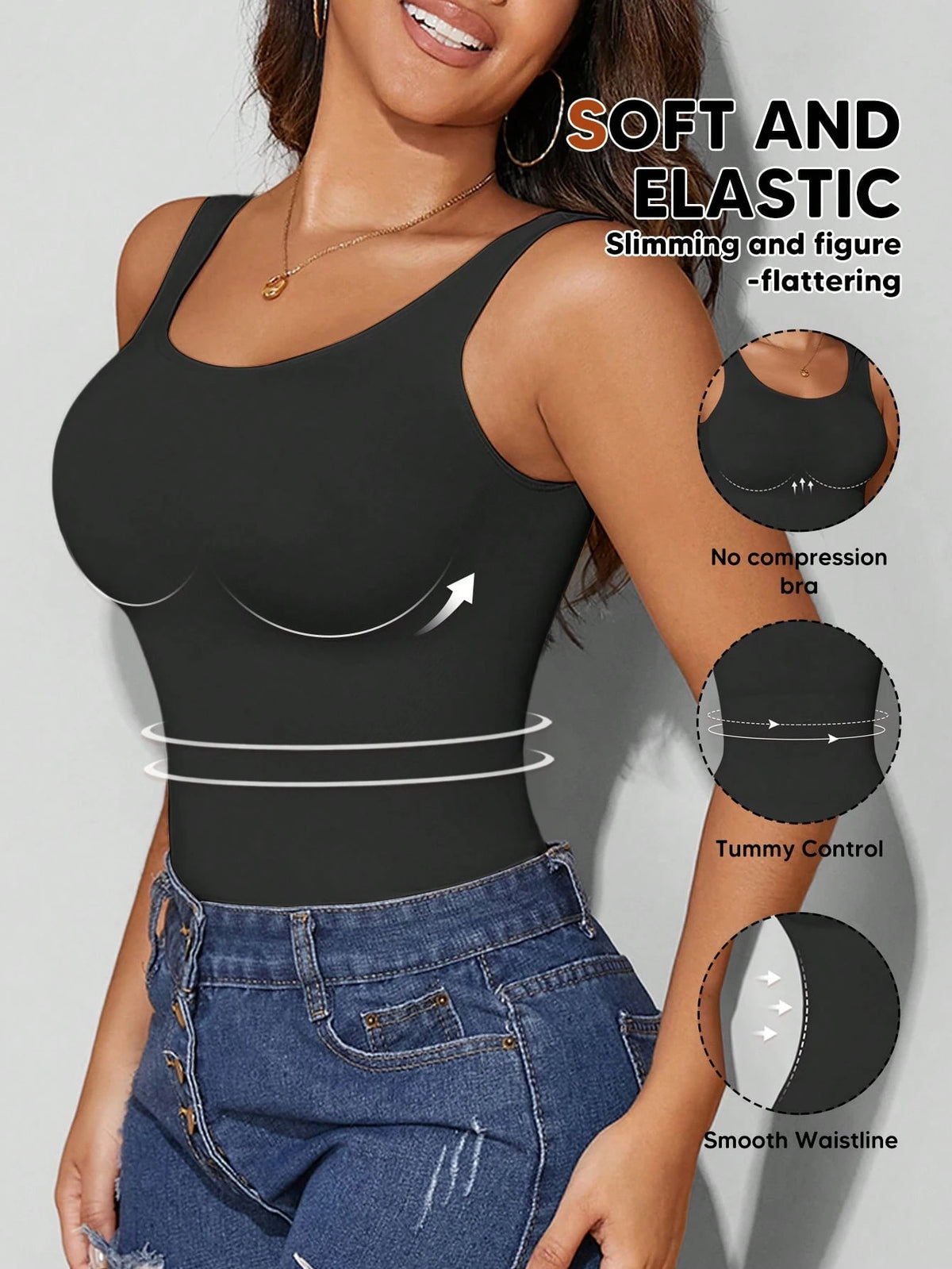Women's Autumn Seamless Slimming Vest, Crew Neck, Tummy Control Casual Black Summer