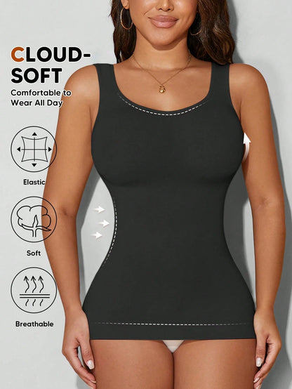 Women's Autumn Seamless Slimming Vest, Crew Neck, Tummy Control Casual Black Summer