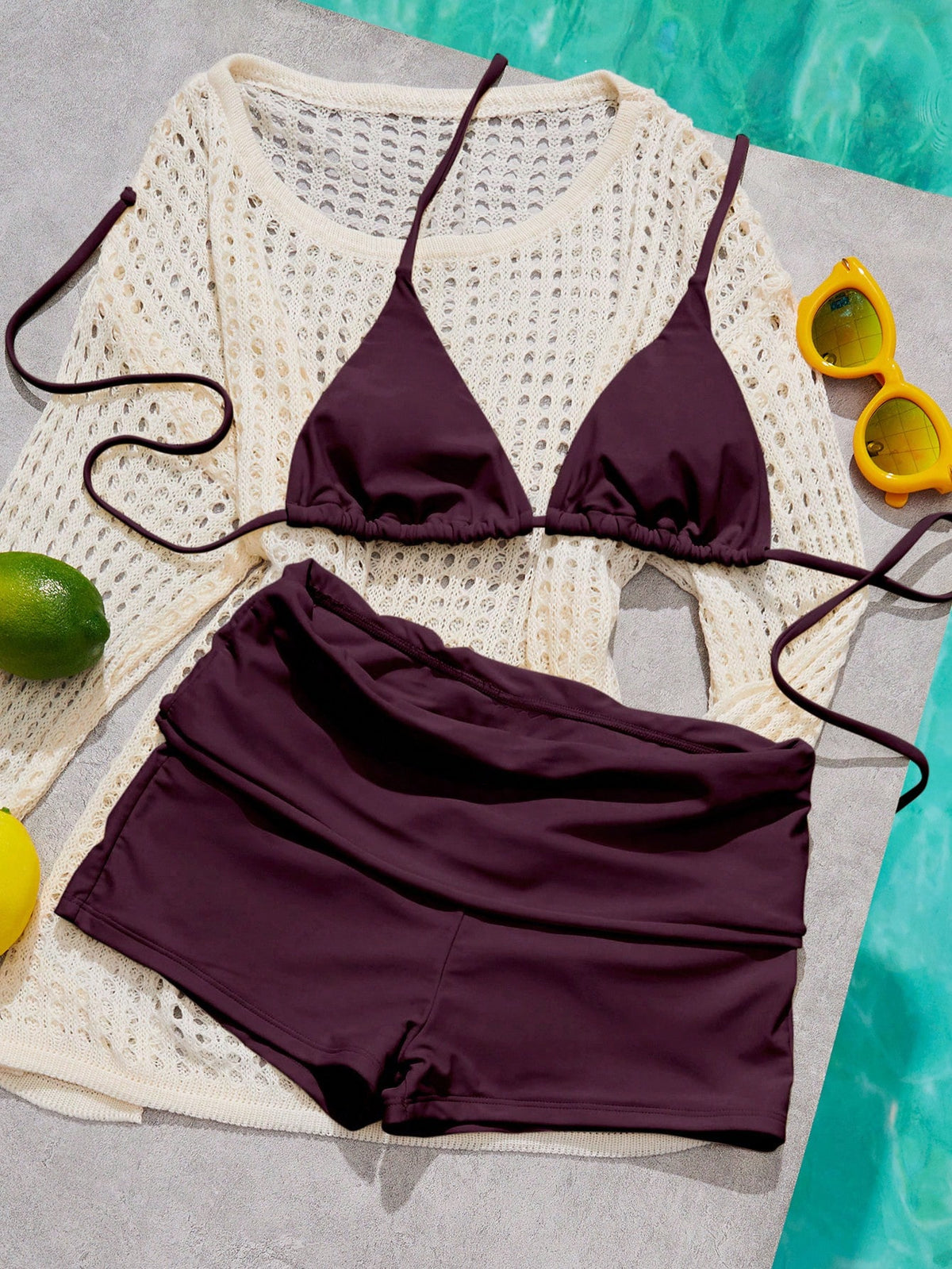 Women's Bikini Swimsuit, Vintage Purple Bikini Casual Pilates Set Beachwear/Fitness Swim Shorts Outing Outfit/Casual/Y2k/Street Style/Vacation Summer Set