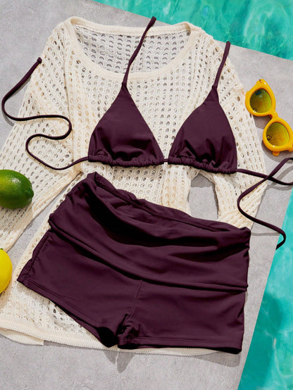 Women's Bikini Swimsuit, Vintage Purple Bikini Casual Pilates Set Beachwear/Fitness Swim Shorts Outing Outfit/Casual/Y2k/Street Style/Vacation Summer Set