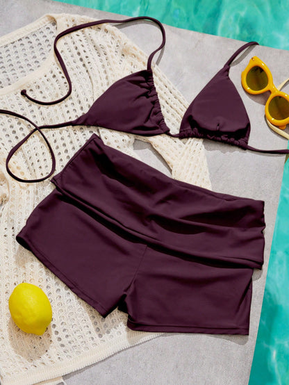Women's Bikini Swimsuit, Vintage Purple Bikini Casual Pilates Set Beachwear/Fitness Swim Shorts Outing Outfit/Casual/Y2k/Street Style/Vacation Summer Set