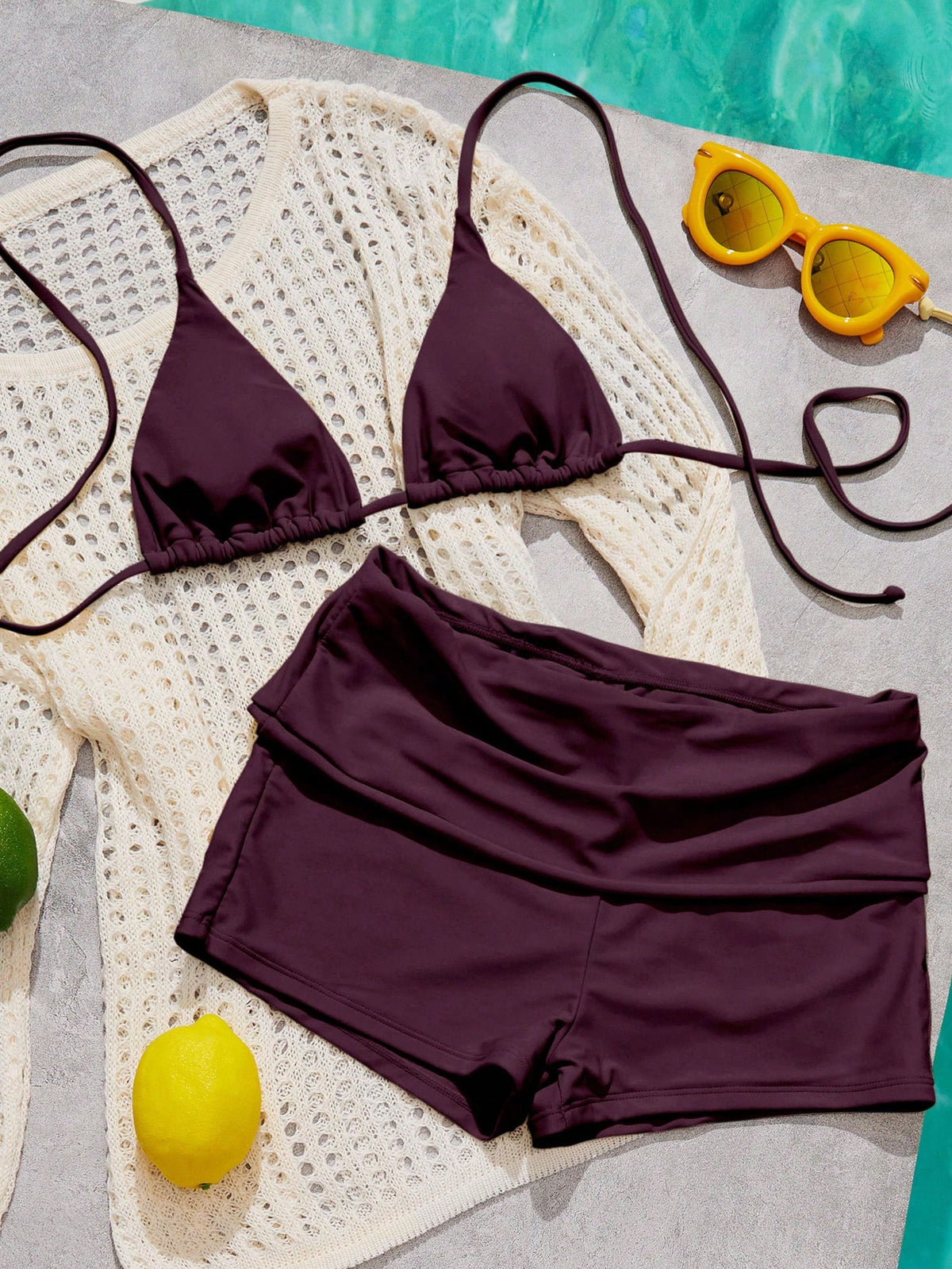 Women's Bikini Swimsuit, Vintage Purple Bikini Casual Pilates Set Beachwear/Fitness Swim Shorts Outing Outfit/Casual/Y2k/Street Style/Vacation Summer Set