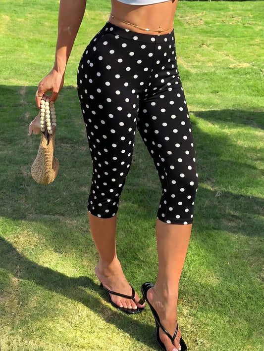 Women's Black Polka Dot 3/4 Leggings, High Stretch Fabric, Casual 3/4 Pants Vacation Summer