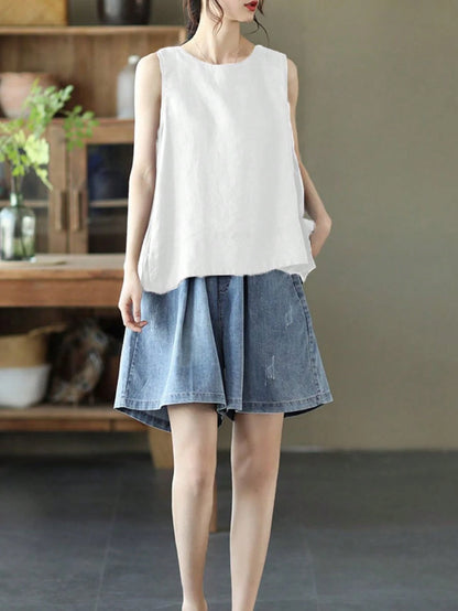 Women's Bohemian Style Linen Sleeveless Top, Casual Loose White Tank Top, Handmade Summer Top, Suitable For Beach, Daily Life And Vacation Wear