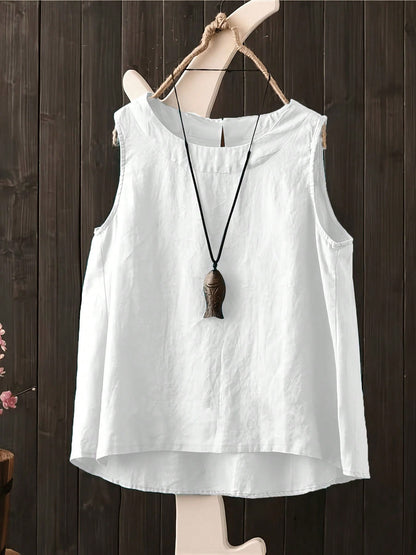 Women's Bohemian Style Linen Sleeveless Top, Casual Loose White Tank Top, Handmade Summer Top, Suitable For Beach, Daily Life And Vacation Wear