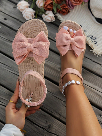 Women's Bow Decor Open Toe Flat Pink Sandals, Cute & Fashionable For Commute, Daily, Party, Summer, Satin Pink Comfortable Beach Shoes