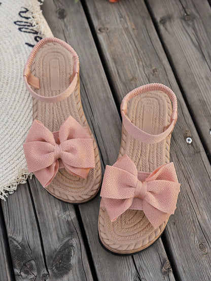 Women's Bow Decor Open Toe Flat Pink Sandals, Cute & Fashionable For Commute, Daily, Party, Summer, Satin Pink Comfortable Beach Shoes