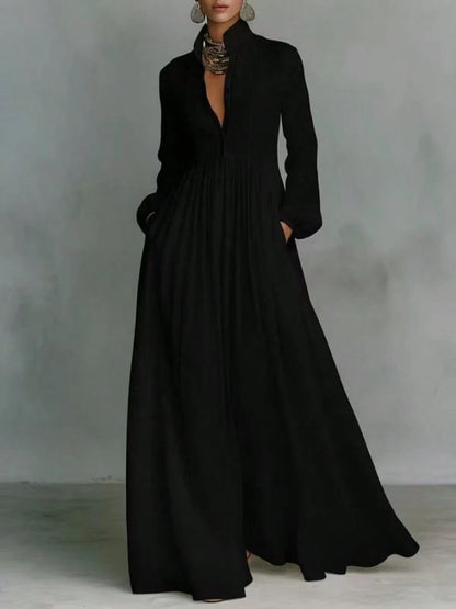 Women's Button-Down Maxi Shirt Dress, Long Sleeve Stand Collar Pleated Flowy Dress, Casual Elegant Outfit With Pockets
