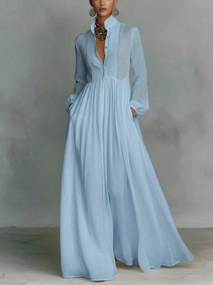 Women's Button-Down Maxi Shirt Dress, Long Sleeve Stand Collar Pleated Flowy Dress, Casual Elegant Outfit With Pockets