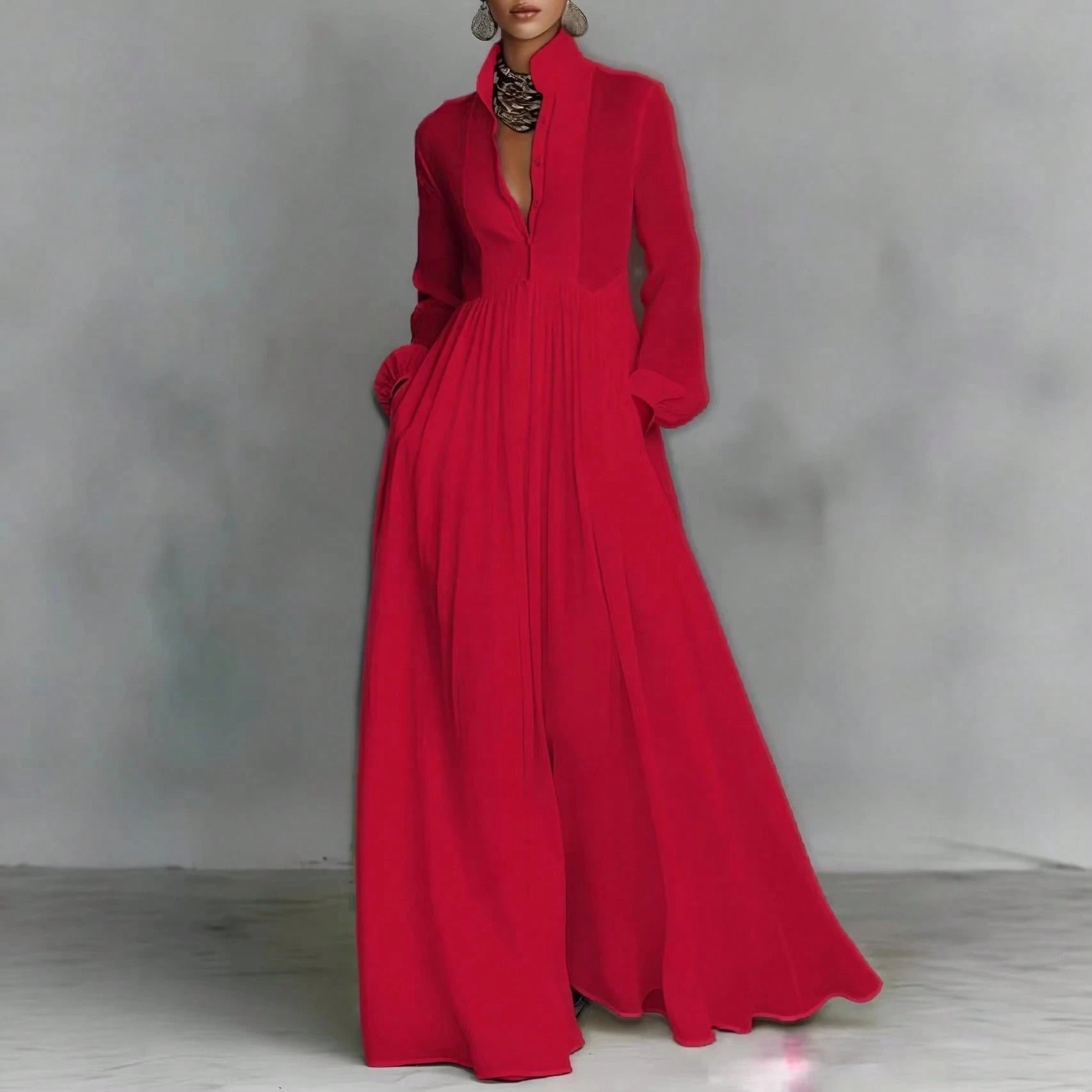 Women's Button-Down Maxi Shirt Dress, Long Sleeve Stand Collar Pleated Flowy Dress, Casual Elegant Outfit With Pockets