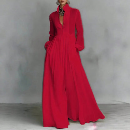 Women's Button-Down Maxi Shirt Dress, Long Sleeve Stand Collar Pleated Flowy Dress, Casual Elegant Outfit With Pockets
