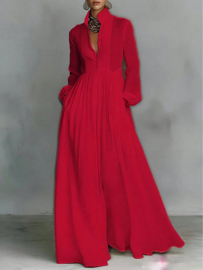 Women's Button-Down Maxi Shirt Dress, Long Sleeve Stand Collar Pleated Flowy Dress, Casual Elegant Outfit With Pockets