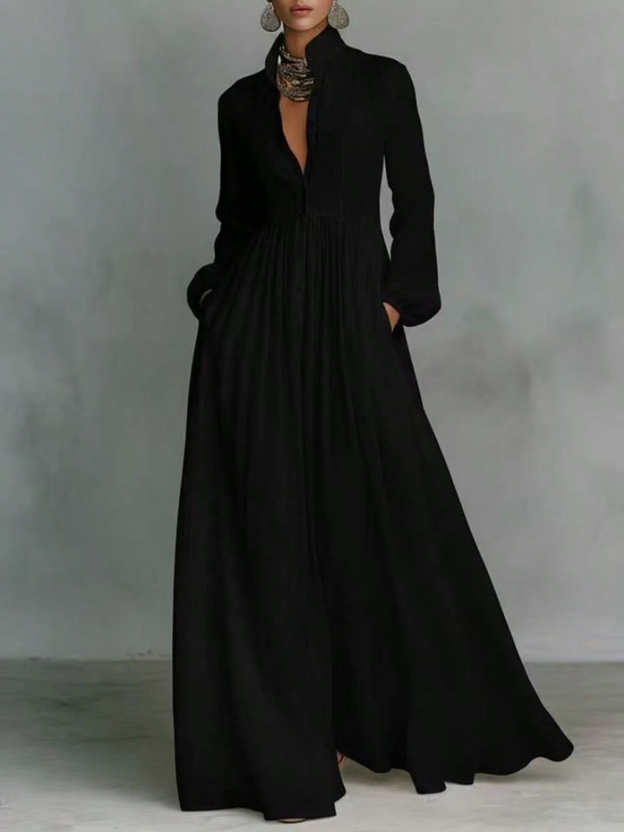 Women's Button-Down Maxi Shirt Dress, Long Sleeve Stand Collar Pleated Flowy Dress, Casual Elegant Outfit With Pockets