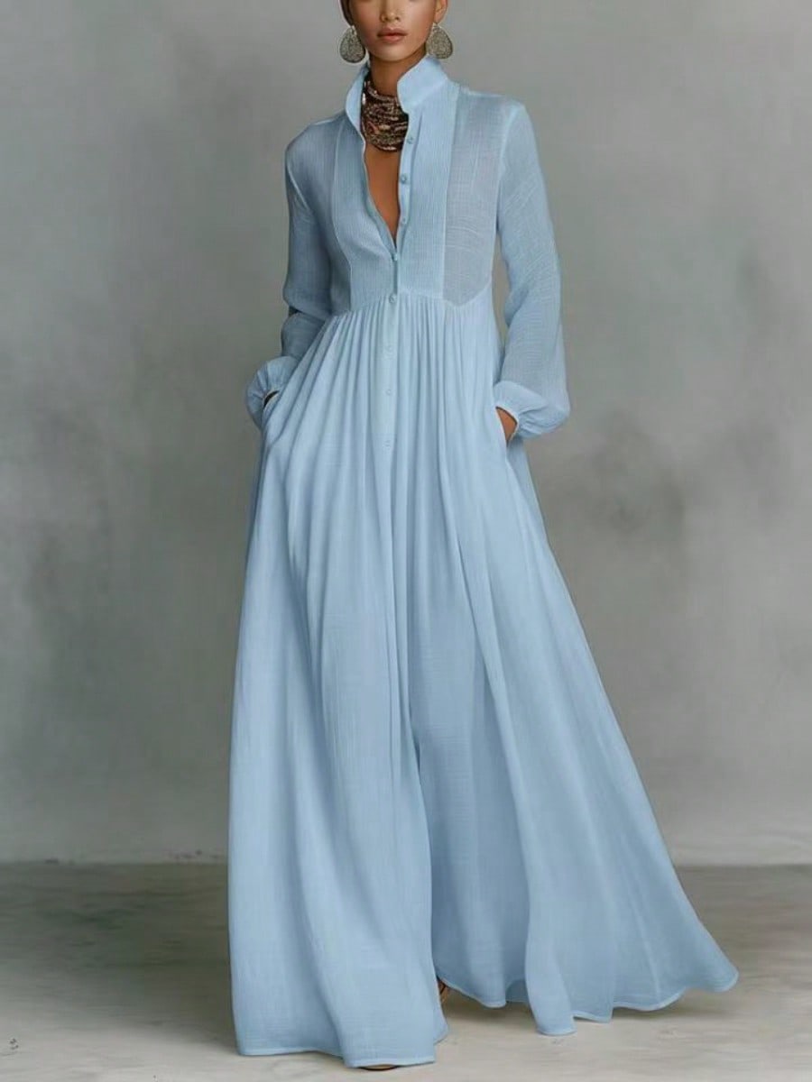 Women's Button-Down Maxi Shirt Dress, Long Sleeve Stand Collar Pleated Flowy Dress, Casual Elegant Outfit With Pockets