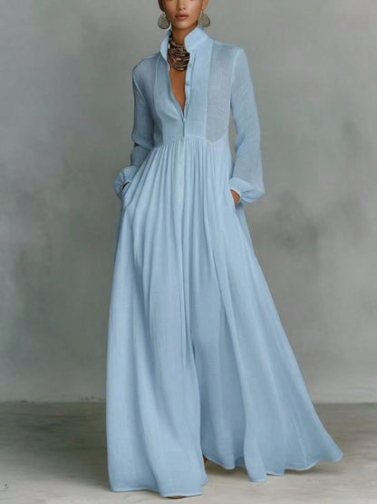 Women's Button-Down Maxi Shirt Dress, Long Sleeve Stand Collar Pleated Flowy Dress, Casual Elegant Outfit With Pockets