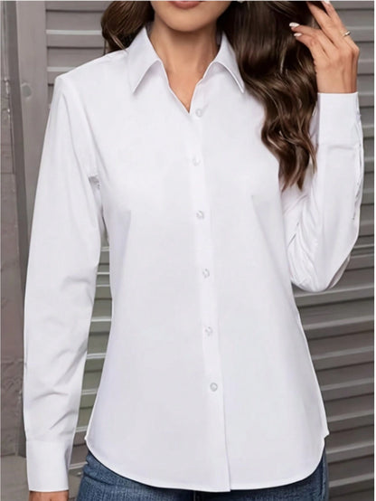 Women's Button-Down Shirt, Classic Fit, Suitable For Professional, Business, And Casual Wear, Long Sleeve Top, White Spring