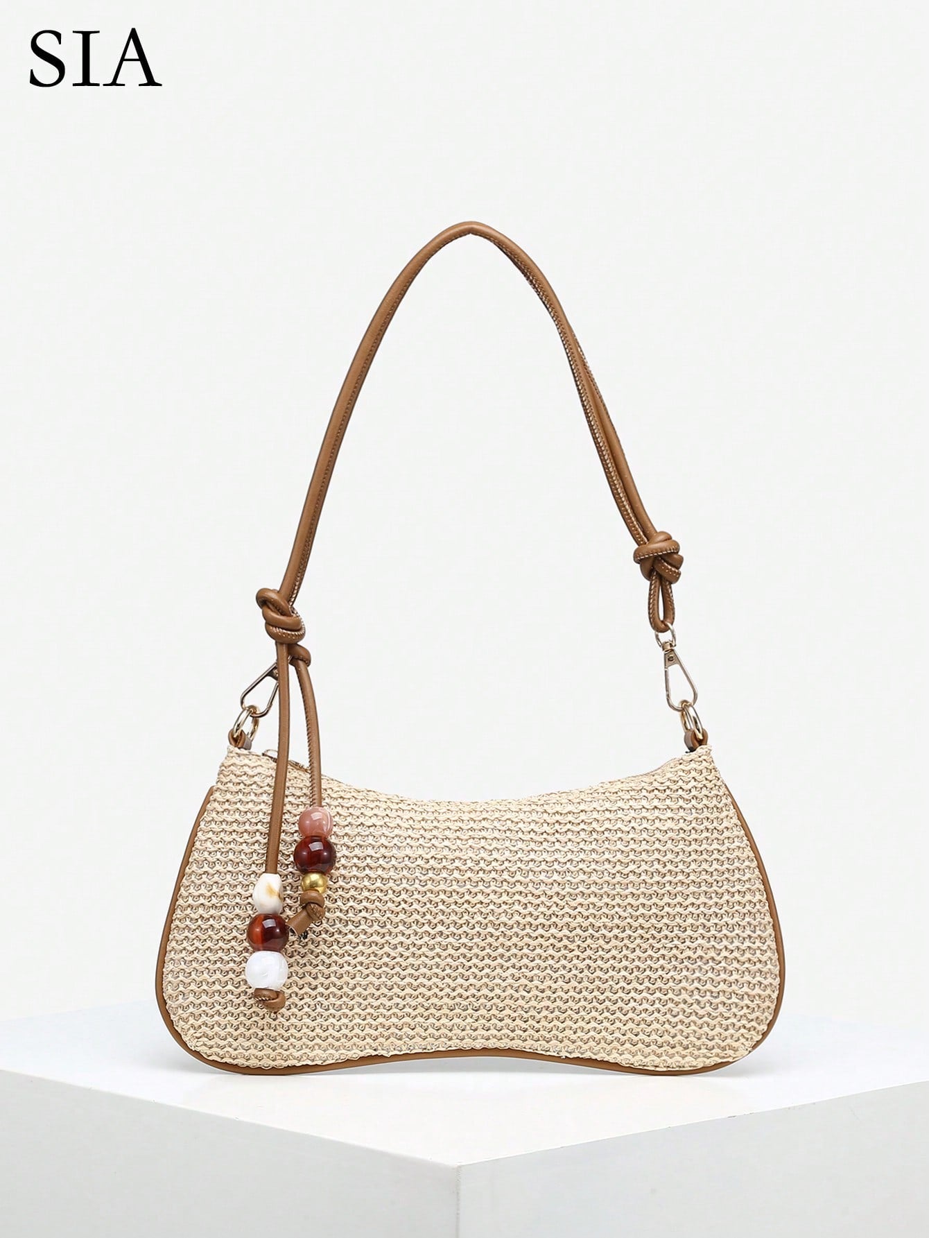 Women's Casual Beaded Faux Straw Flower Decor Large Capacity Shoulder Bag