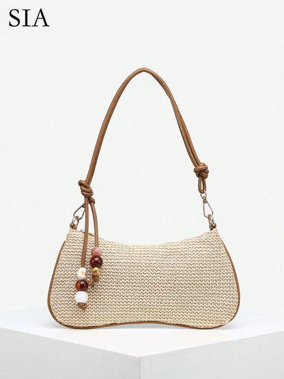 Women's Casual Beaded Faux Straw Flower Decor Large Capacity Shoulder Bag