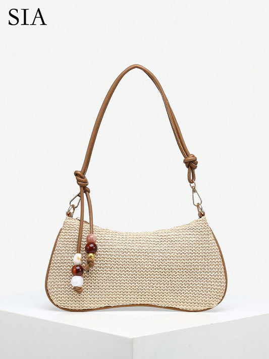 Women's Casual Beaded Faux Straw Flower Decor Large Capacity Shoulder Bag