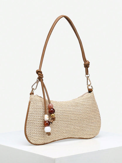 Women's Casual Beaded Faux Straw Flower Decor Large Capacity Shoulder Bag
