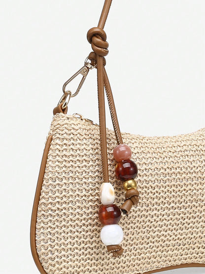 Women's Casual Beaded Faux Straw Flower Decor Large Capacity Shoulder Bag