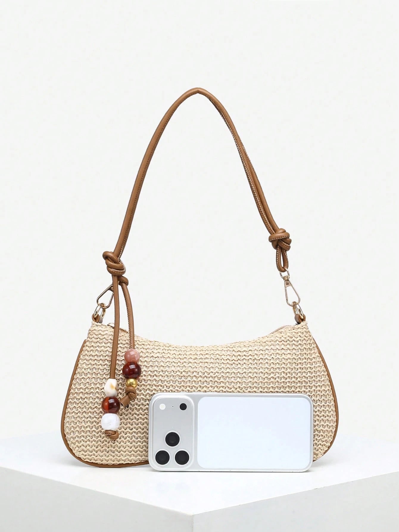 Women's Casual Beaded Faux Straw Flower Decor Large Capacity Shoulder Bag