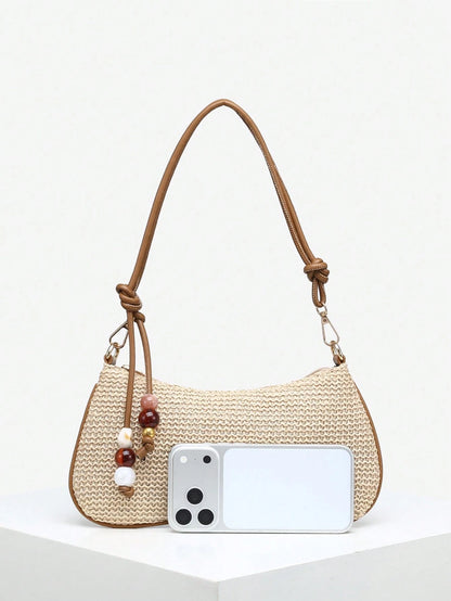 Women's Casual Beaded Faux Straw Flower Decor Large Capacity Shoulder Bag