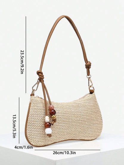 Women's Casual Beaded Faux Straw Flower Decor Large Capacity Shoulder Bag