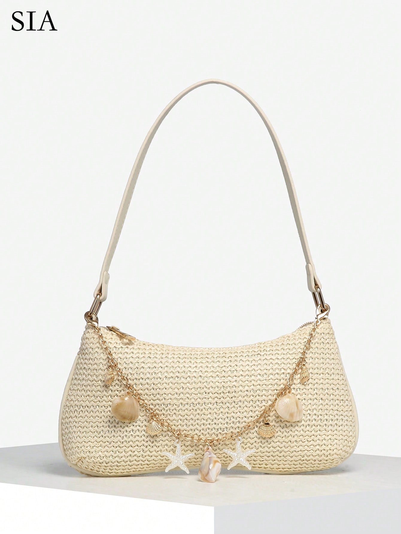 Women's Casual Beaded Faux Straw Flower Decor Large Capacity Shoulder Bag