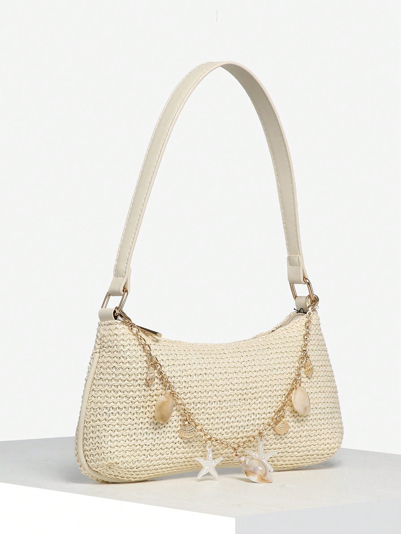 Women's Casual Beaded Faux Straw Flower Decor Large Capacity Shoulder Bag