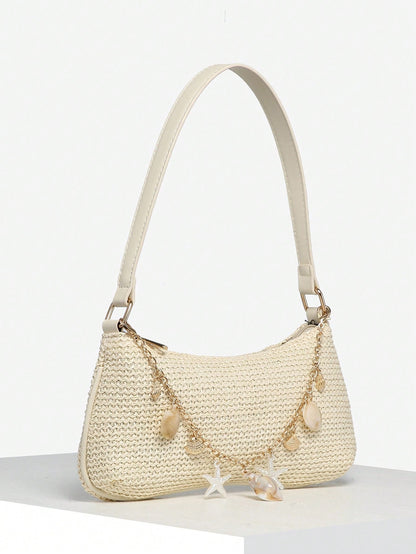 Women's Casual Beaded Faux Straw Flower Decor Large Capacity Shoulder Bag