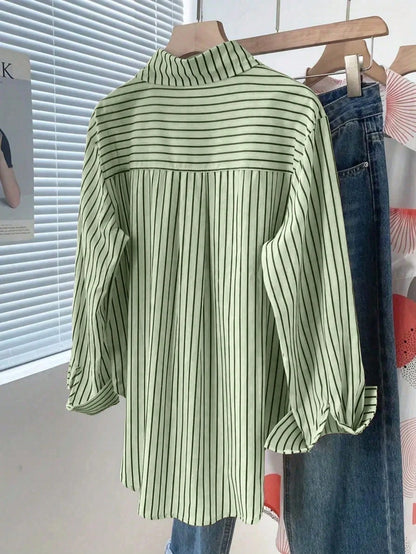 Women's Casual Commuter Striped Button-Front Shirt Spring
