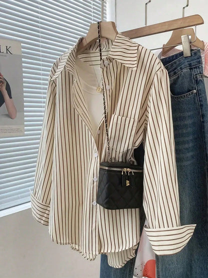 Women's Casual Commuter Striped Button-Front Shirt Spring
