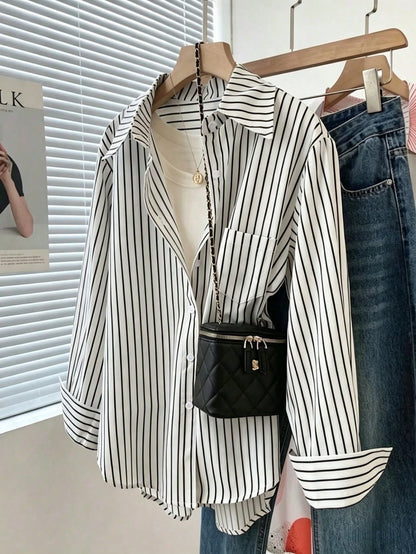 Women's Casual Commuter Striped Button-Front Shirt Spring