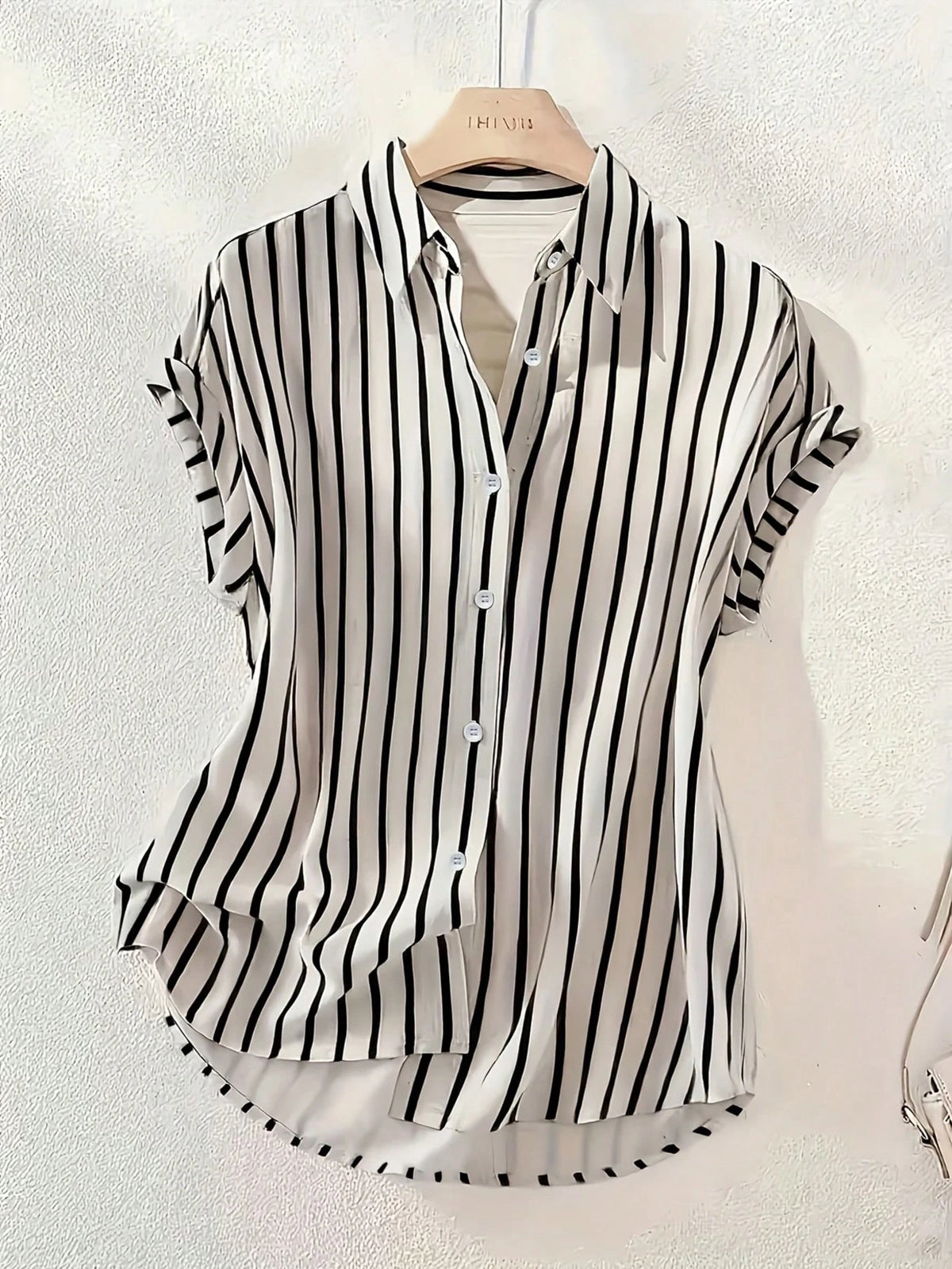Women's Casual Fashion Striped Polyester Shirt With Button Front Collar, Short Batwing Sleeves, Back To School Holiday Summer