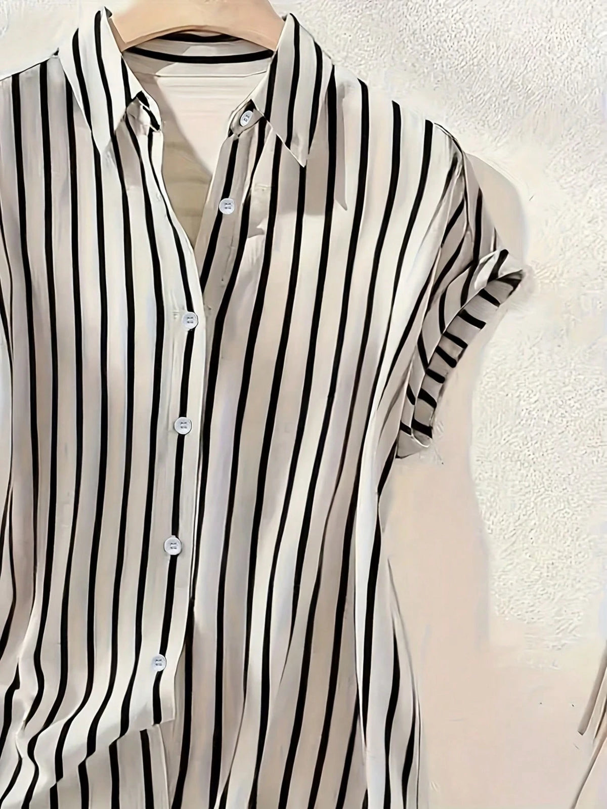 Women's Casual Fashion Striped Polyester Shirt With Button Front Collar, Short Batwing Sleeves, Back To School Holiday Summer
