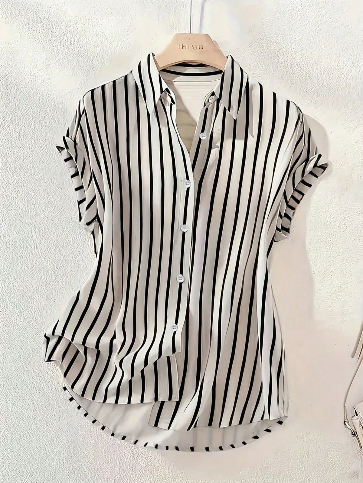 Women's Casual Fashion Striped Polyester Shirt With Button Front Collar, Short Batwing Sleeves, Back To School Holiday Summer