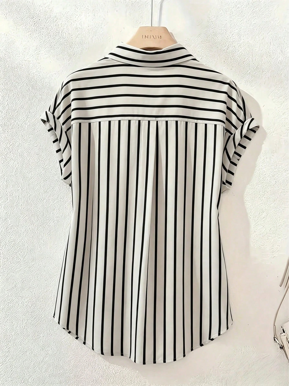 Women's Casual Fashion Striped Polyester Shirt With Button Front Collar, Short Batwing Sleeves, Back To School Holiday Summer