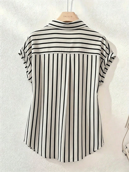 Women's Casual Fashion Striped Polyester Shirt With Button Front Collar, Short Batwing Sleeves, Back To School Holiday Summer