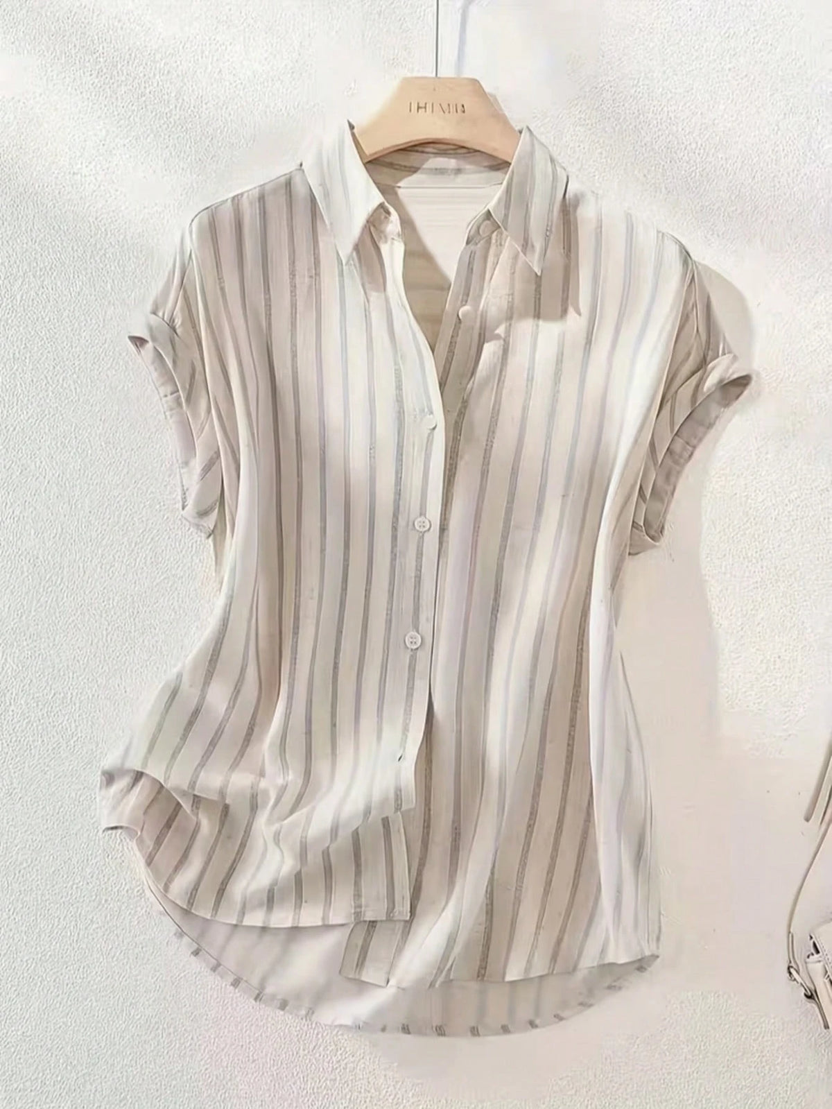 Women's Casual Fashion Striped Polyester Shirt With Button Front Collar, Short Batwing Sleeves, Back To School Holiday Summer