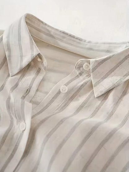 Women's Casual Fashion Striped Polyester Shirt With Button Front Collar, Short Batwing Sleeves, Back To School Holiday Summer