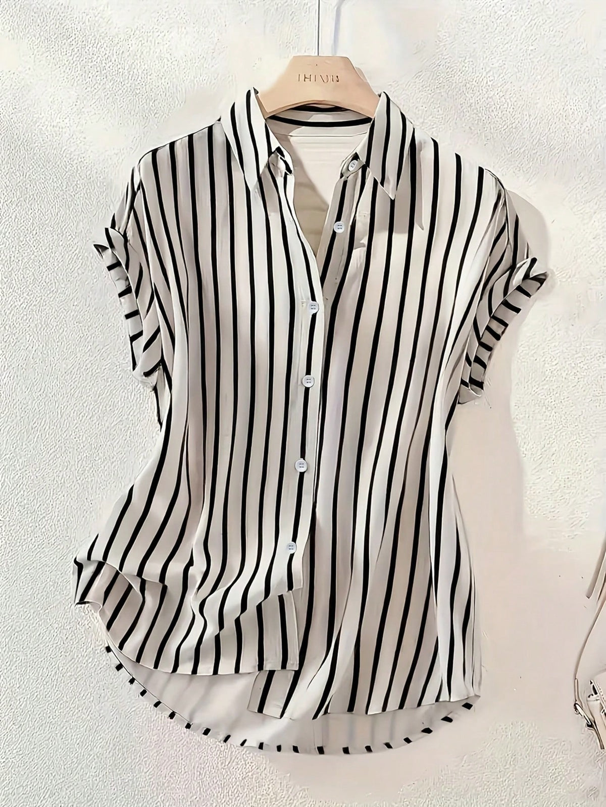 Women's Casual Fashion Striped Polyester Shirt With Button Front Collar, Short Batwing Sleeves, Back To School Holiday Summer